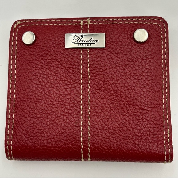 Burton Leather Bifold Wallet Size Small Pebbled Zipper Snaps Red Silver Luxe - Picture 1 of 7